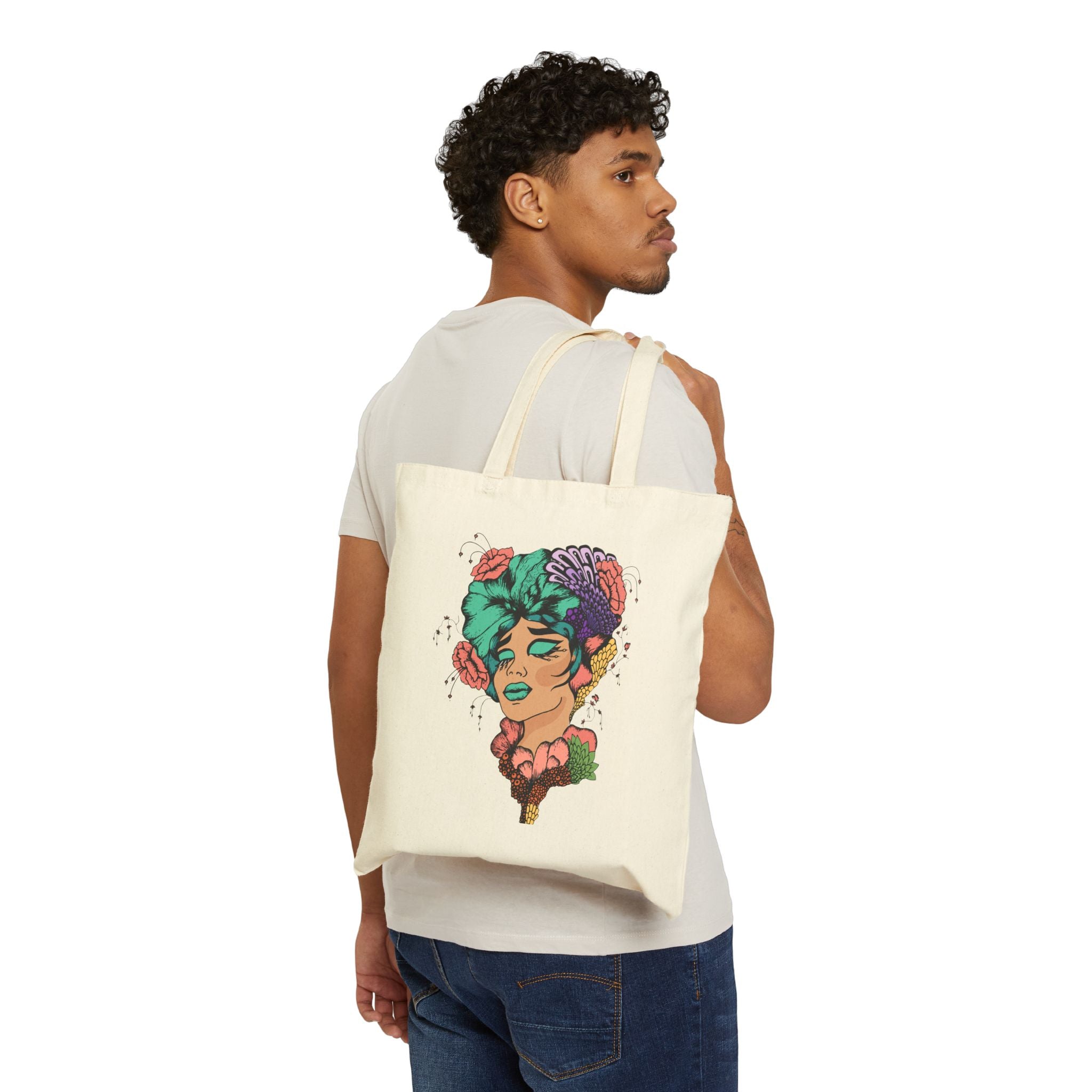 Cotton Canvas Tote Bag with Woman Head.
