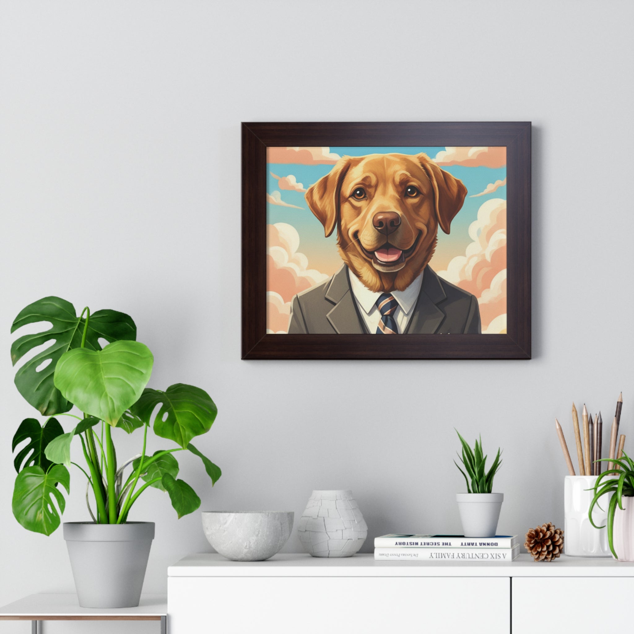 Framed Poster — Portrait of Labrador in Suit (Whimsical Dog Wall Art)