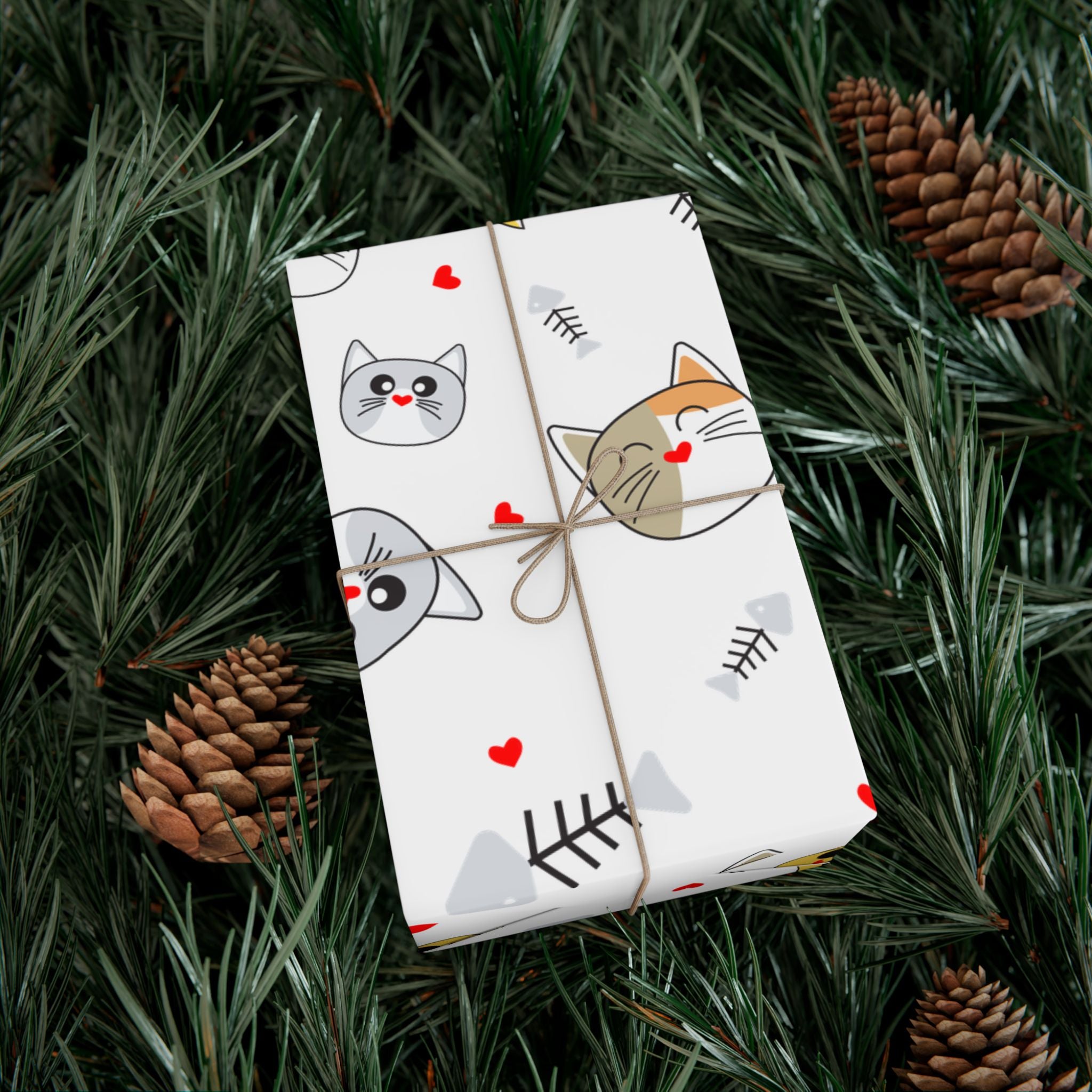 Cute Kitty Faces & Fishbone Holiday gift Wrapping Paper