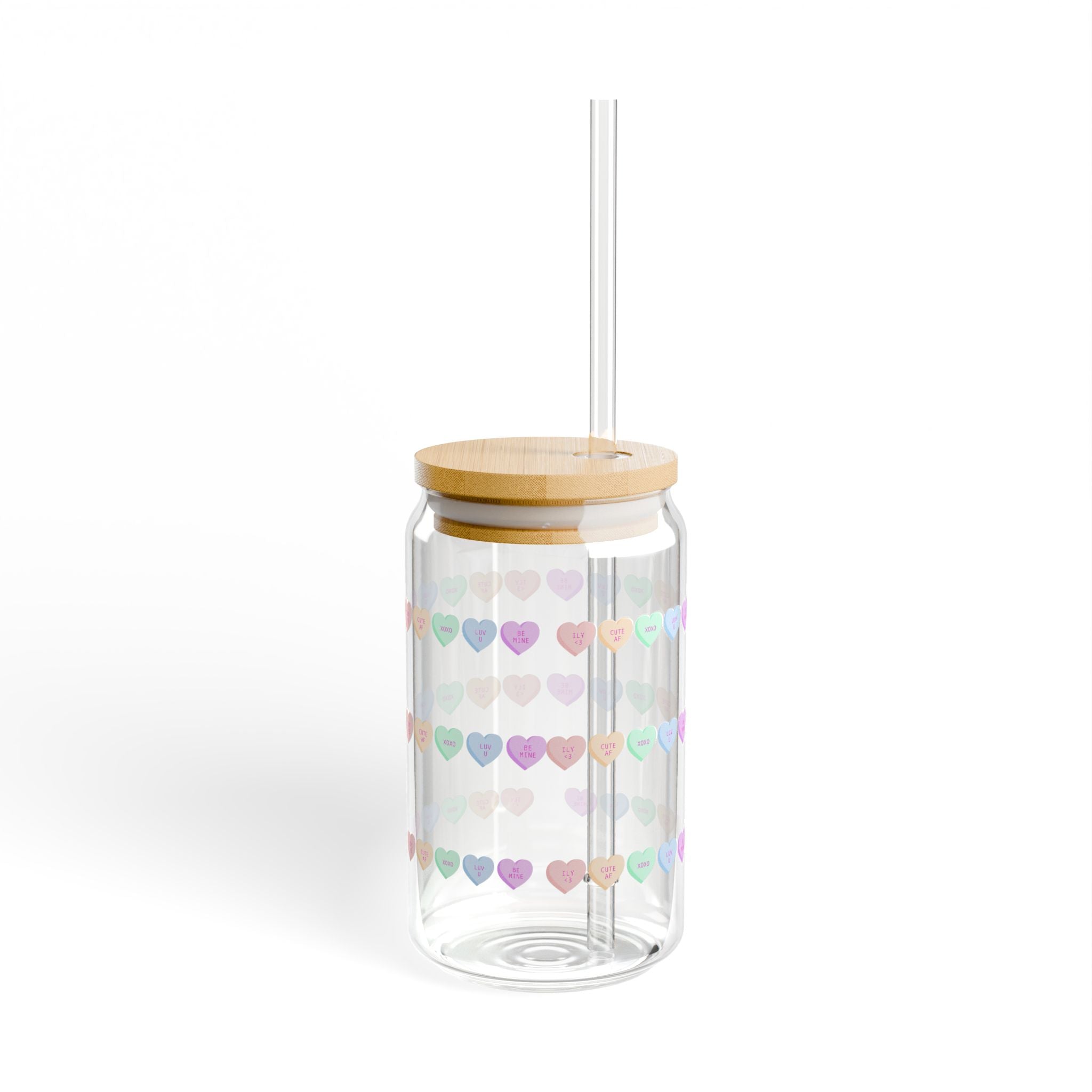 16oz Heart Pattern Sipper Glass with Bamboo Lid & Straw — Pastel Rainbow Hearts