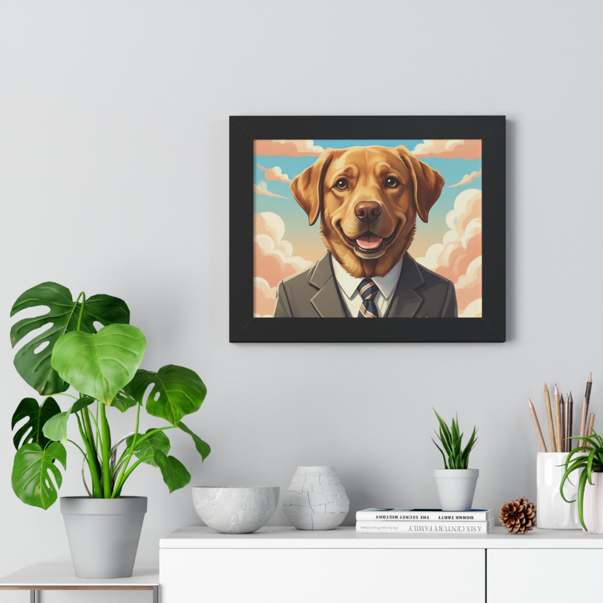Framed Poster — Portrait of Labrador in Suit (Whimsical Dog Wall Art)