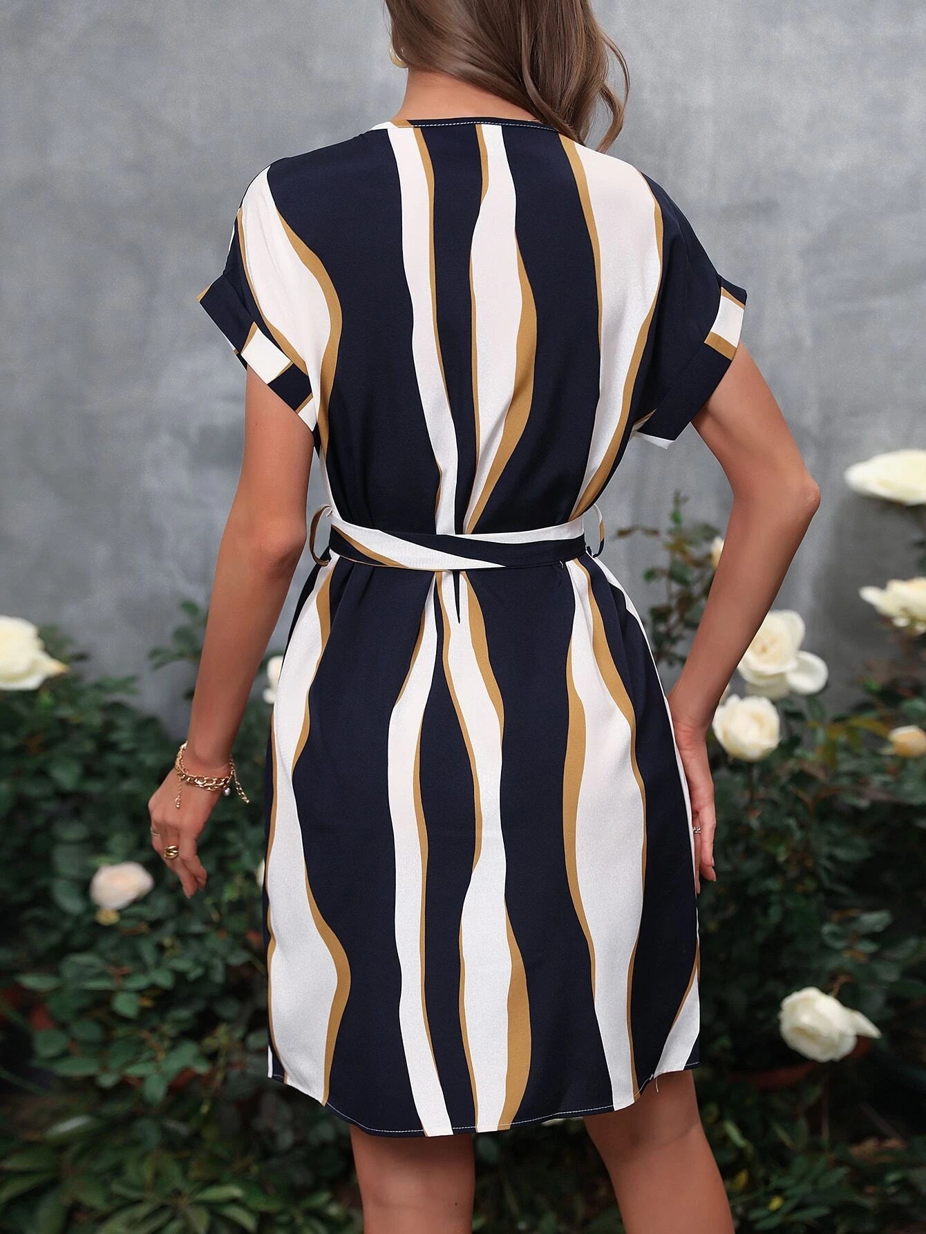 SHEIN Classic Striped Notched Neck Belted Dress